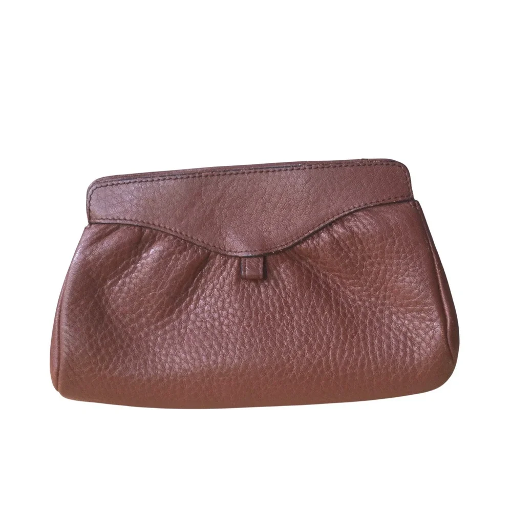 Cole Haan Small Brown Pebbled Leather Pleated Clutch Bag‎ Gold Logo Plate